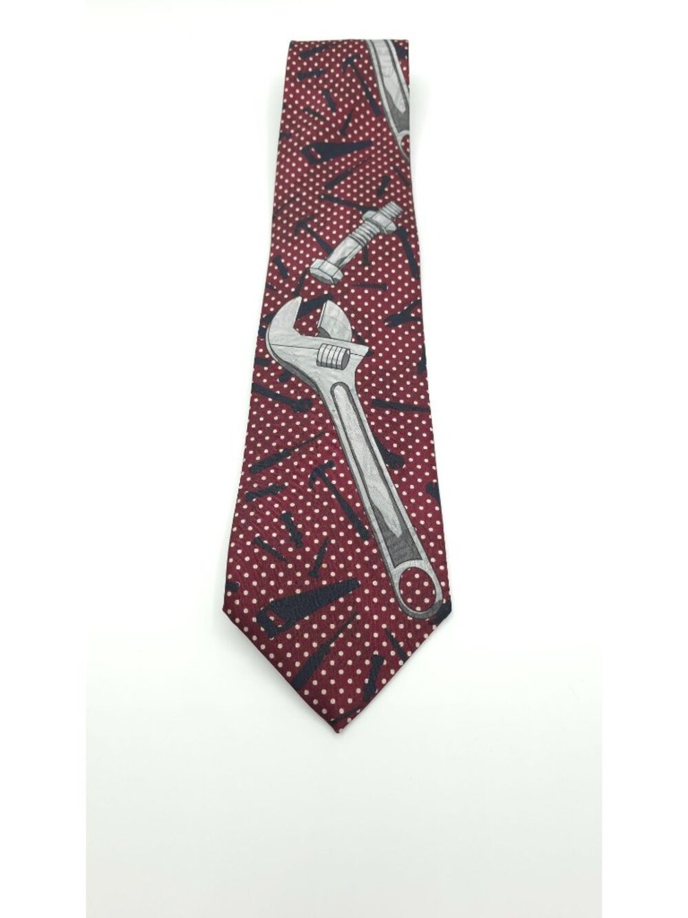 Home Improvement Giant Wrench Novelty Tie Red With Polka Dots & Tools Design - Picture 3 of 7